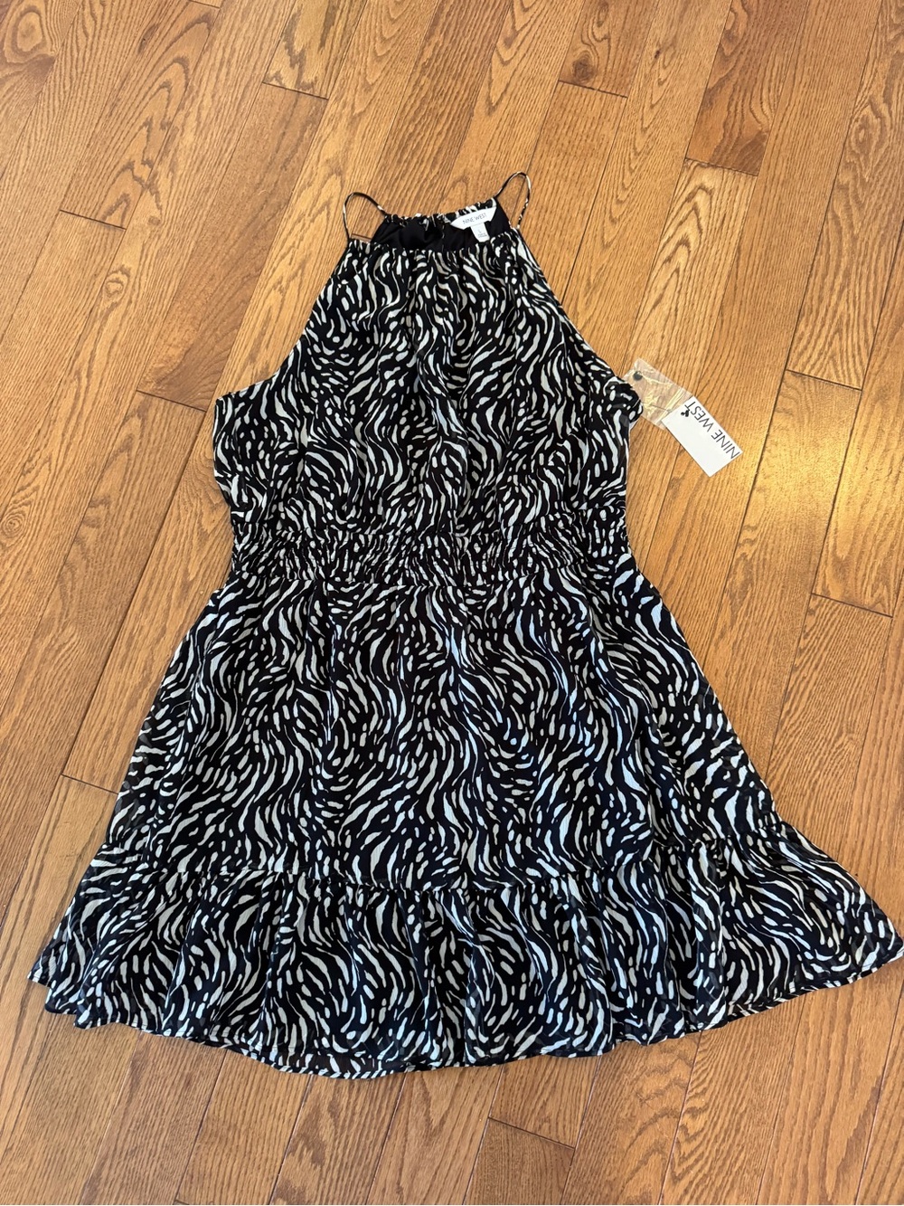 Nine West Women's Halter Mini Dress Size L Black & White Print Pattern